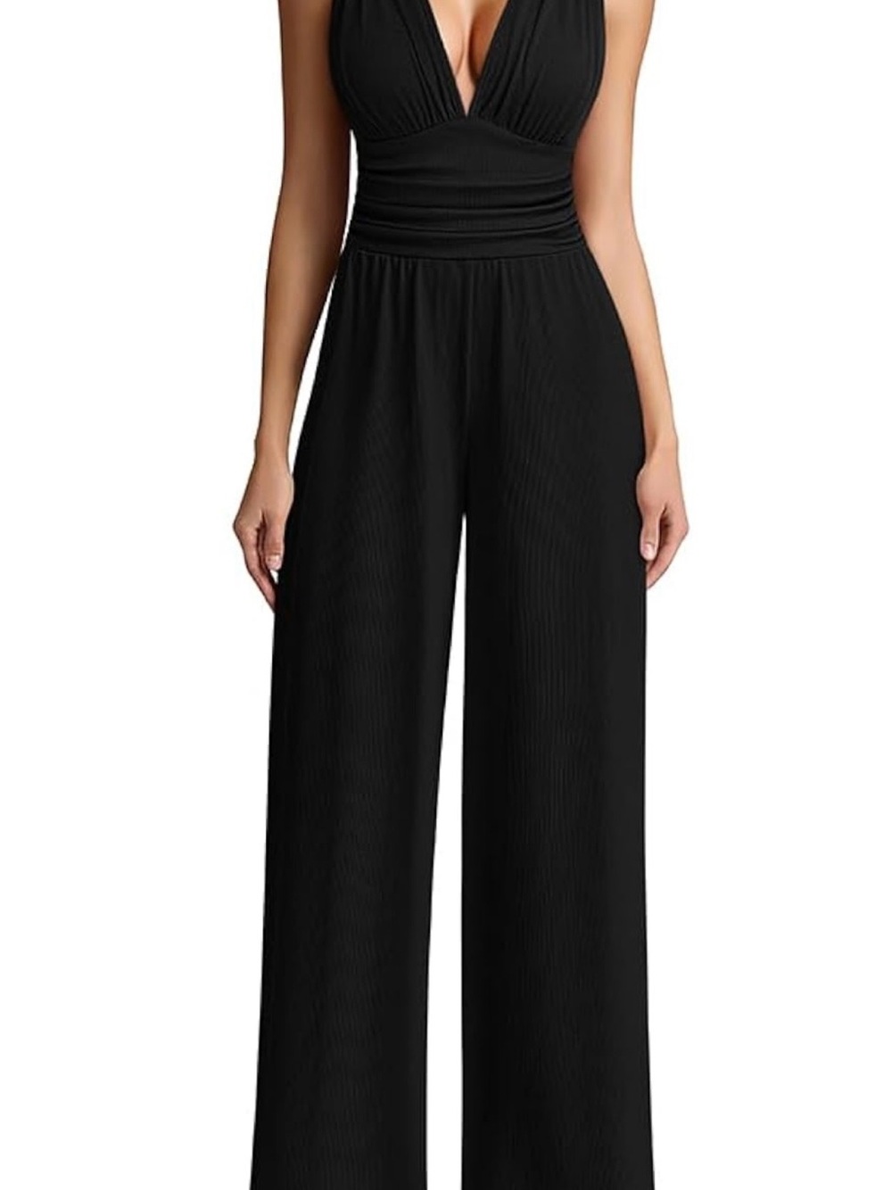 Ladies Black Wide-Leg Jumpsuit with Plunge V-Neck Size Small
